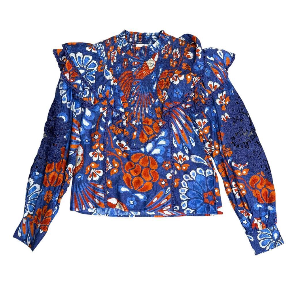 Farm Rio Pineapple Flowers Navy Ruffled Blouse Size XS - Picture 14 of 16